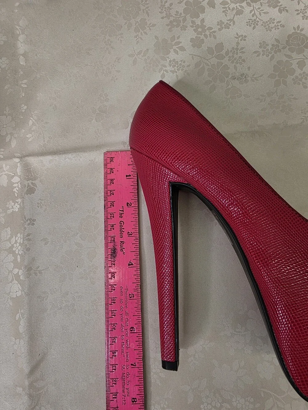 Shoe Republic LA Ethanie Red Snake Cap Toe Platform Pumps Gold Studded Heels 7.5